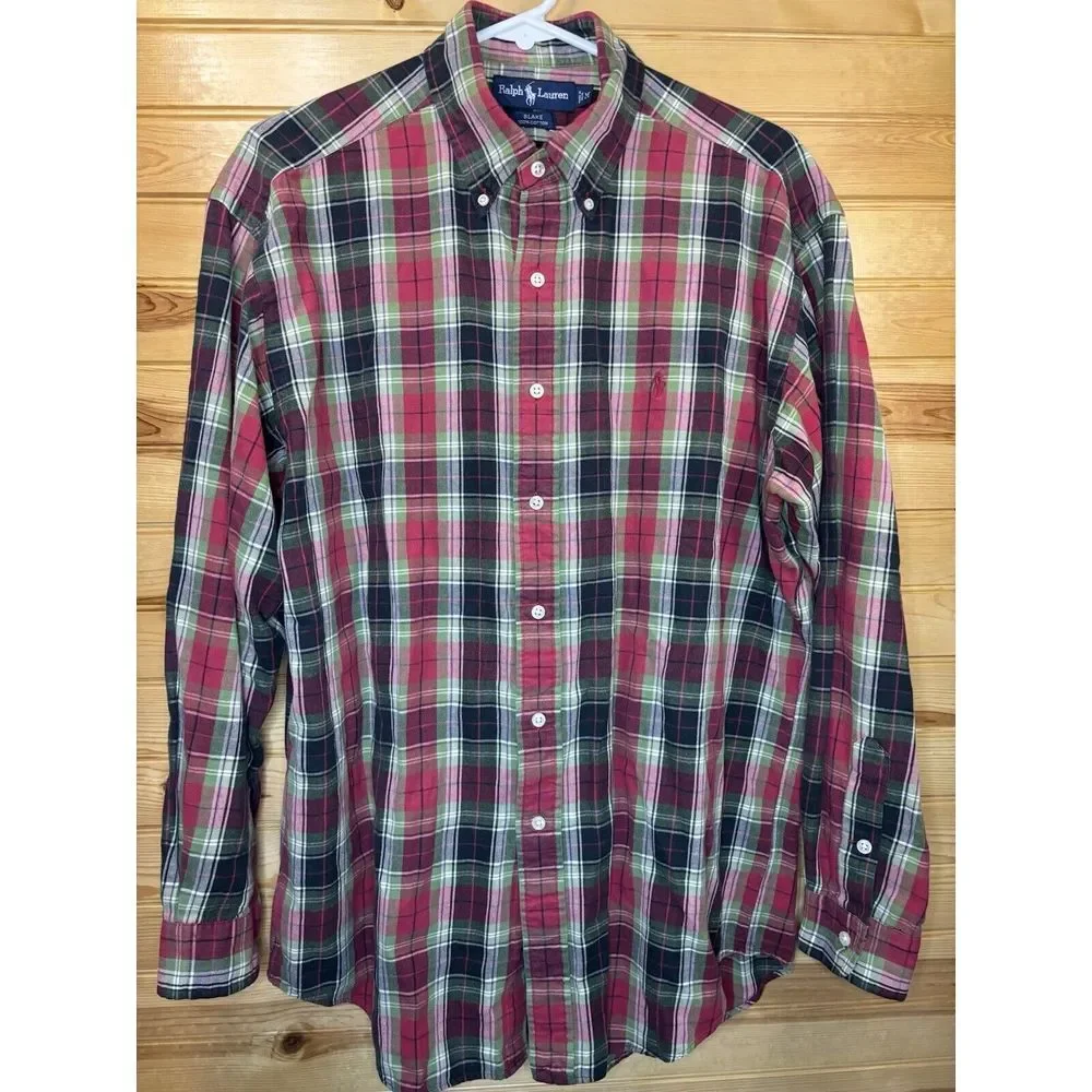 Vintage Ralph‎ Lauren Blake Long Sleeve Button Down Shirt Medium Plaid Red Green